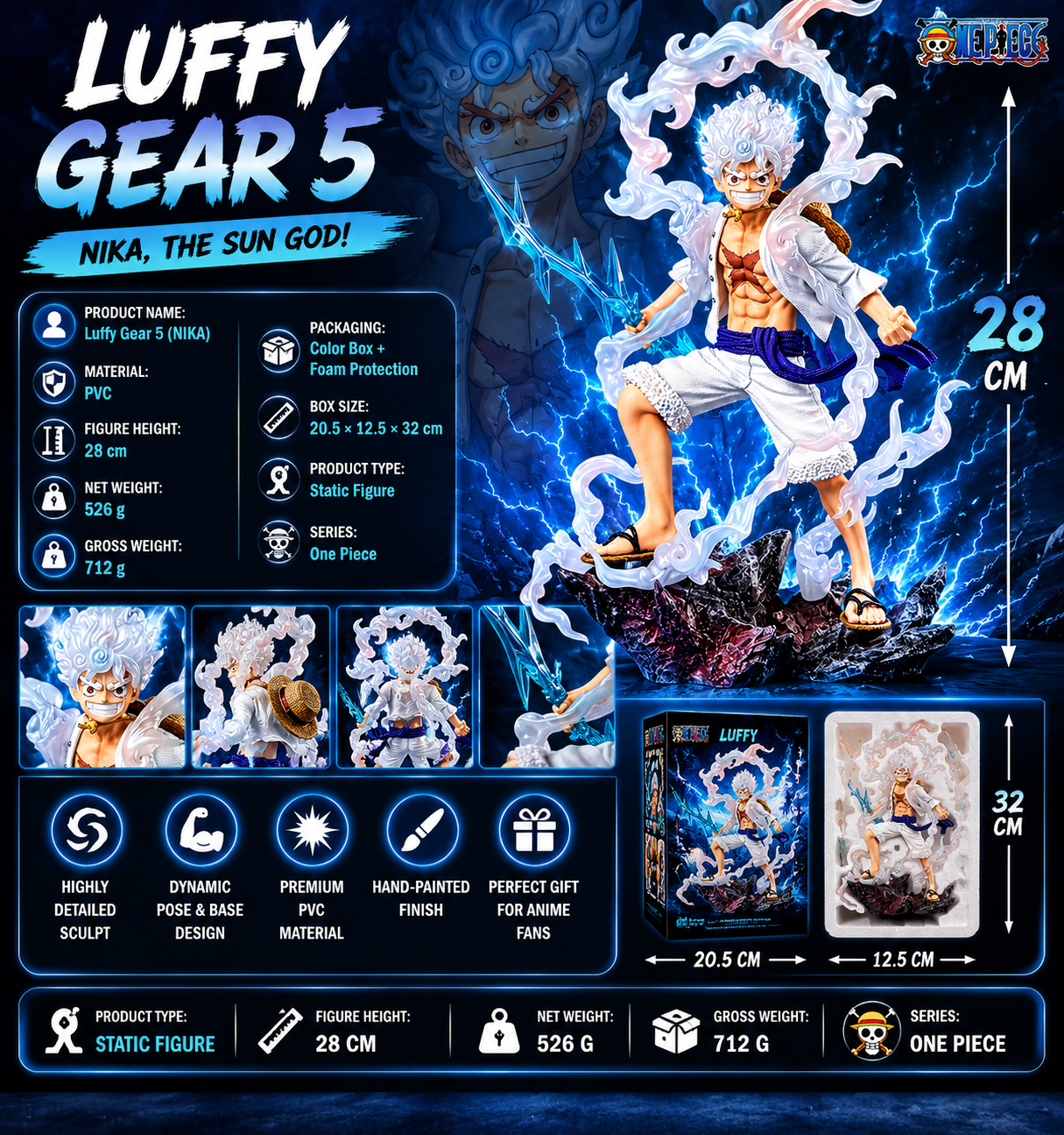 One Piece Luffy Gear 5 Nika Figure 28CM