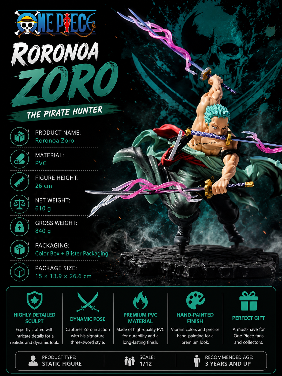 One Piece Roronoa Zoro Figure – Pirate Hunter 3-Sword Statue